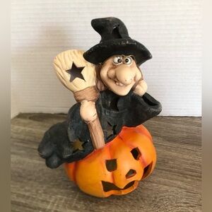 Vtg Halloween Witch and Jack O’Lantern Candle Holder